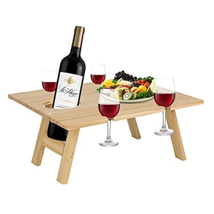 Portable Wine Picnic Tables, Outdoor Wine Table Wooden Folding Wine Picnic Table, Ollapsible Desk Wine Glass Rack for Gardens, Balconies and Outd
