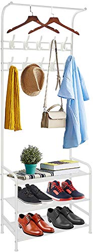 Coat Rack Shoe Bench with 8 removable Hooks, Metal Coat Hat Rack Free Standing Clothes Stand with 3-Tier Shoe Rack Bench, Hat Stand Hallway Organ