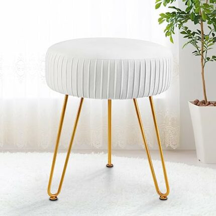 SCRIPTRACT Velvet Footrest Multifunctional Vanity Stool Ottoman Round Modern Upholstered Foot Stool - Golden Metal Leg - Dressing Table Stool, Sh
