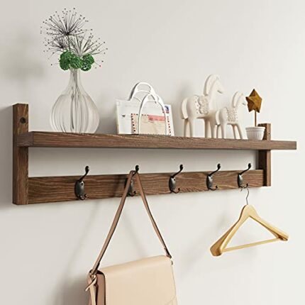 AMBIRD Wall Hooks with Shelf 28.9 Inch Length Entryway Wall Hanging Shelf Wood Coat Hooks for Wall with Shelf Wall-Mounted Coat Hook Rack with 5