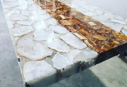 Gifts And Artefacts 42 x 42 Inches White Quartz Stone with Brown Petrified Stone Kitchen Table Top Square Shape Dining Table