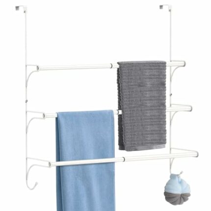3 Tier Over the Door Towel Rail, Hanging Towel Rack for Bathroom, Adjustable Towel Holder with 2 Hooks for Storage Drying Towels Clothes, White