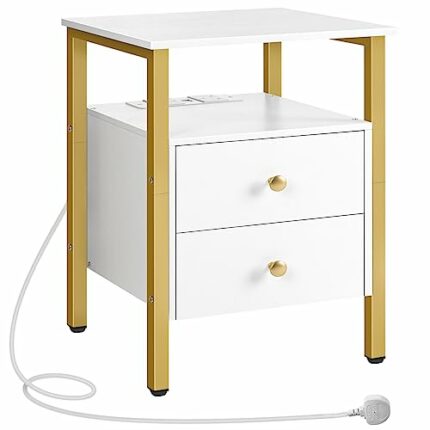 HOOBRO Bedside Table with Charging Station, Bedside Table with USB, Charging Side Table, 2 AC Outlets and 2 USB Ports, Bedside Table with 2 Drawe