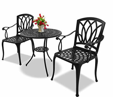 Homeology POSITANO Garden & Patio Table & 2 Large Chairs with Armrests Cast Aluminium Bistro Set - Black