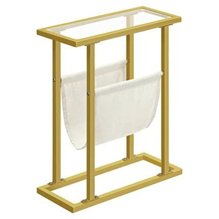 HOOBRO Narrow Side Table, Gold Side Table, Slim Bedside Table, Tempered Glass End Table, Small Side Table with Magazine Holder, Sofa Side Table f