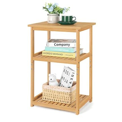 UOMIO Square Bamboo End Table 3-Tier Small Sofa Tables Slim Bedside table with Storage Shelf Practical Console Side Table Coffee Table for Living