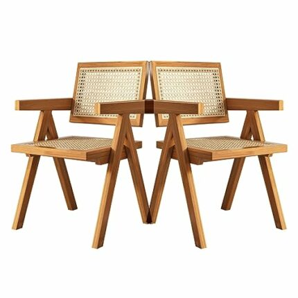 Rattan Dining Chairs Set of 2, Solid Rubber Dining Armchair with Rattan Back and Seat Retro Weave Side Chairs for Dining Room Kitchen Living Room