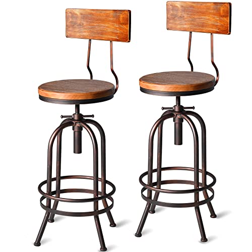 BOKKOLIK Set of 2-Industrial Bar Stools with Backrest-Swivel Wood Seat-Bar Counter Height Adjustable 26-32.2inch-Kitchen Island Dining Chair