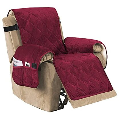 Luxury Velvet Plush Large Width Recliner Chair Cover with Elastic Straps Three Pockets, Pet Dog Couch Covers for Armchair Seat Width Up to 28", L