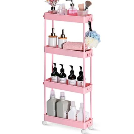 KINGRACK Slim Storage Trolley, Narrow Rolling Cart 4 Tier on Wheels, 13cm Wide Slide out Rolling Utility Cart with Hooks for Kitchen or Living Ro