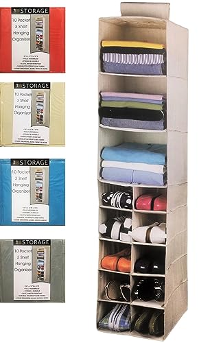 Better Home Closet Hanging Organizer, 3 Shelf 10 Shoe Pocket, Storage Space Saver 50"x12"x12" (Grey)