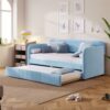 WALNUT Upholstered Daybed Sofa Bed Twin Size With Trundle Bed and Wood Slat, Light Blue