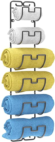 Towel Rack Wall Mounted Metal Wine Rack Towel Shelf Holder Storage with 6 Compartments for Bathroom Hand Towels, Washcloths - Black