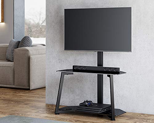 FITUEYES Corner TV Floor Stand for 32 to 55 Inch TVs Universal Cantilever TV Stand with Open Glass Media Storage Shelves Black Hold 40kgs