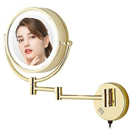 DOWRY Wall Mounted Magnifying Mirror with Light 7x,3 Switchable Light Colors,360 ° Rotatable,Gold Shaving Mirror Extendable,Ø20cm