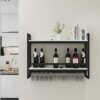 EYLINK Black Wine Rack Wall Mounted Wine Bottle Holder ，Iron Champagne Stemware Glasses Storage Shelf Kitchen Metal Floating Organizer Shelves Wi