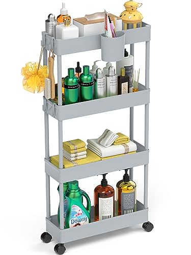 LEHOM 5.1" Slim Storage Cart - 4 Tiers Bathroom Organizer Mobile Shelving Unit Storage Rolling Utility Cart Slide Out Organizer for Kitchen Bathr