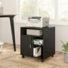 FITUEYES Printer Stand with Wheels, Black Wood Printer Table under Desk Storage, Desk Side Mobile Filling Cabinet 3 Open 2 Closed Storage for Hom