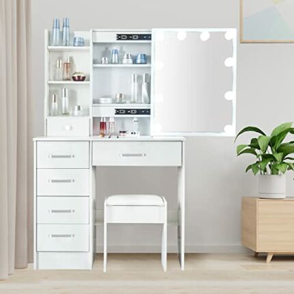 Modern Vanity Desk Set with Chair and Storage Drawers, Makeup Table with Lights in 3 Colors Adjustable Brightness for Mother Daughter