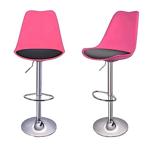 MoNiBloom Pink High Back Bar Stools Set of 2 with Black PU Leather Cushion, Modern Barstools with Height Adjustable Plastic Base, 360° Swivel Bar