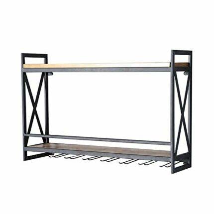 PIBM Wood Wine Rack Wine Glass Storage Shelf Wrought Iron Upside down Display Stand Home Bar Decor J1029, Black , 80X20X52CM