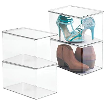 mDesign Clear Shoe Boxes - Stackable Shoebox & Shoe Organiser for Wedges, Pumps, Athletic Shoes - Shoe Storage Ideas - Pack of 4 - Clear