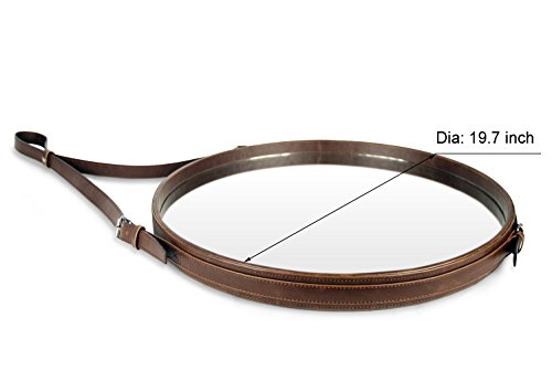 Round Hanging Wall Mirror Circle Mirror with PU Leather Strap Silver and Frame Hardware Hanger/Hook (Brown, 19.7inchs)