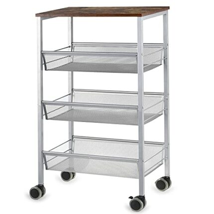 LIANTRAL Kitchen Cart on Wheels, 4 Tier Kitchen Storage Cart, Mesh Snack Cart Organizer with Lockable Wheels, Wood Look Top and Metal Frame for K
