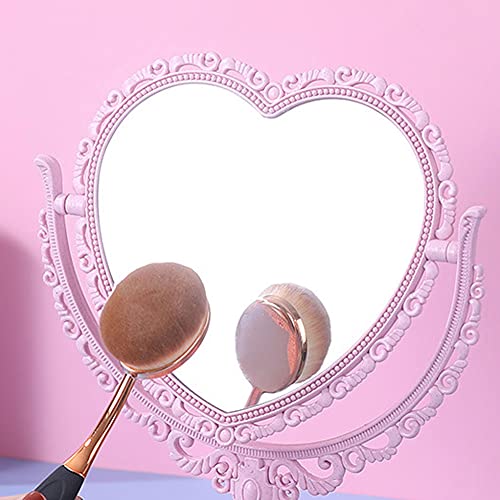 Jorzer Heart Shaped Mirror Rotatable Makeup Mirror Double Sided Vanity Mirror Swivel Cosmetic Mirror Girls Women Stand Desktop Plastic Mirror - P