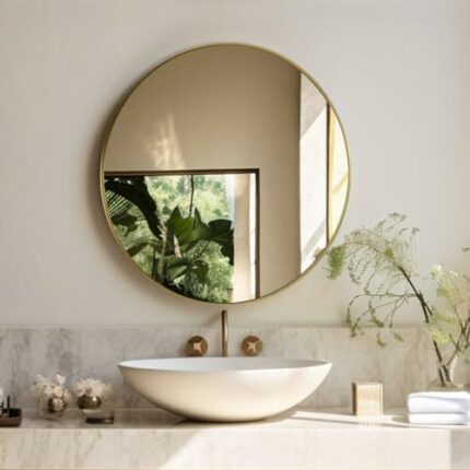 DLLT Round Vanity Mirror, 24 Inch Circle Bathroom Mirror, Gold Metal Framed Mirrors, Aluminum Alloy Wall Mounted Mirror, Modern Waterproof Decora