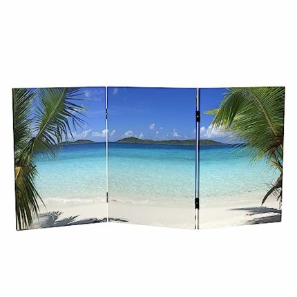 Red Lantern 2 ft. Short Double Sided Beach Canvas Folding Screen 3 Panel Freestanding Partition and Separator for Modern and Contemporary Bedroom