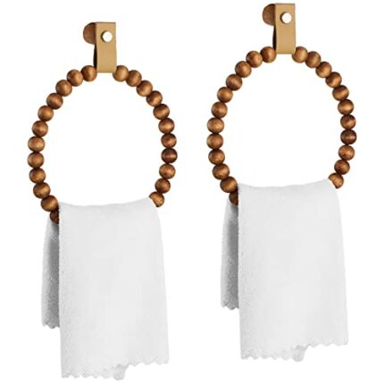 2 Pcs Handmade Boho Towel Rack Bead Round Wood Towel Ring Wall Mounted Boho Bathroom Decor Wooden Bath Towel Rings Rustic Farmhouse Hand Towel Ho