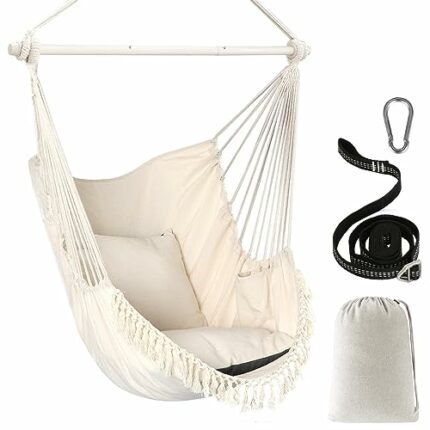 Chihee Hammock Chair Hanging Swing Max 500 Lbs 2 Cushions Included Steel Spreader Bar with Anti-Slip Grooves Portable Hanging Chair Side Pocket L