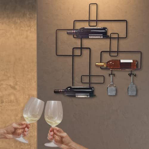 HomeZone Vintage wine holder for 3 Bottle and 2 Glasses Home Bar Shelves Wall Mounted Wine Rack Wine Bottle and Glass Holder Retro Wine Storage R