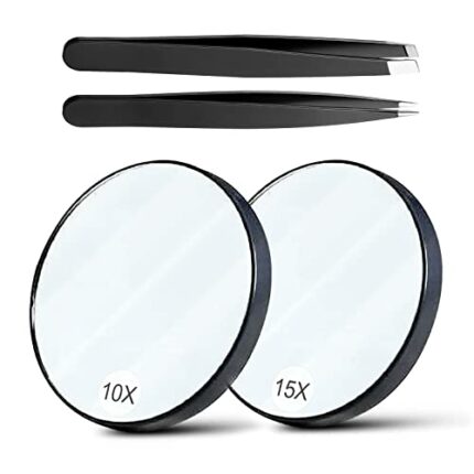 VIKSAUN 4 Pieces Magnifying Mirror and Tweezers Kit Makeup Mirror Suction Cup Mirror Travel Mirror with Suction Cups for Makeup Eyebrow Tweezing