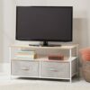 mDesign TV Unit with Organiser Boxes – Slim Television Stand with Shelf and 2 Fabric Boxes – Modern Living Room Furniture for TV, DVD Player and