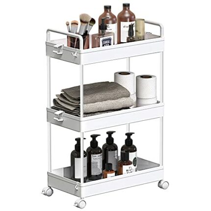 SOLEJAZZ 3-Tier Storage Trolley Cart Slide-out Rolling Utility Cart Mobile Storage Shelving Organizer for Kitchen, Bathroom, Laundry Room, Bedroo