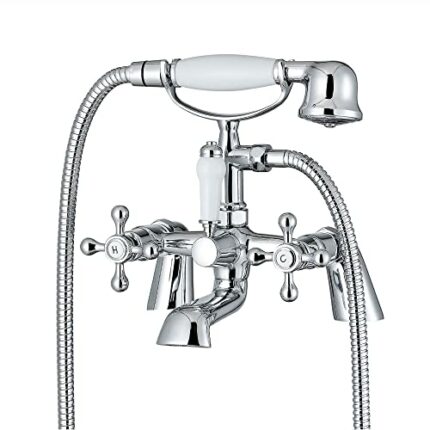 ENKI, Beaumont, BBT0257, Chrome, Bath Shower Mixer Taps & Shower Attachment, Solid Brass, Cross Handle, Modern Design, Compression Valves, Easy t