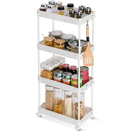 KINGRACK Slim Storage Trolley, Narrow Rolling Cart 4 Tier on Wheels, 22cm Wide Slide out Rolling Utility Cart with Hooks Dividers for Kitchen or