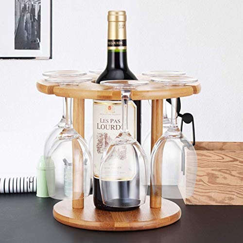 EYLINK Wine Racks, Solid Wood Reversible Goblet Storage Rack Home Bar Restaurant Desktop Decoration Rack 1 Wine Bottle 6 Cups