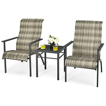 COSTWAY 3 Piece Rattan Furniture Set, Sectional Patio Bistro Set with 2 Armchairs and Coffee Table, Outdoor Wicker Weave Conversation Table Chair