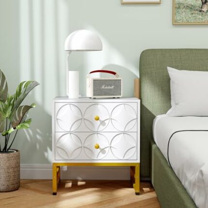 Blomed Modern White Nightstands with 2 Storage Drawers, Smooth Opening and Closing, Silent, Bedside Tables for Bedroom Living Room, White&Gold