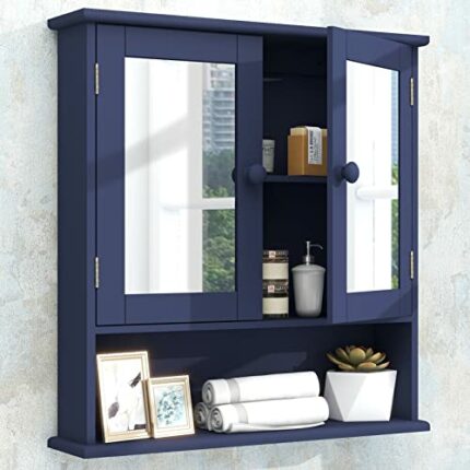 TaoHFE Blue Medicine Cabinet,Medicine Cabinets for Bathroom with Mirror 2 Doors 3 Open Shelf,Bathroom Cabinet Wall Mounted Wooden Bathroom Storag