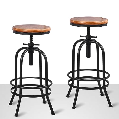 BOKKOLIK Set of 2-Industrial Bar Stool-Retro 28-34inch Swivel Stools-Extra Tall Kitchen Chair-Bar Counter Height Adjustable-Fully Welded (Black 2