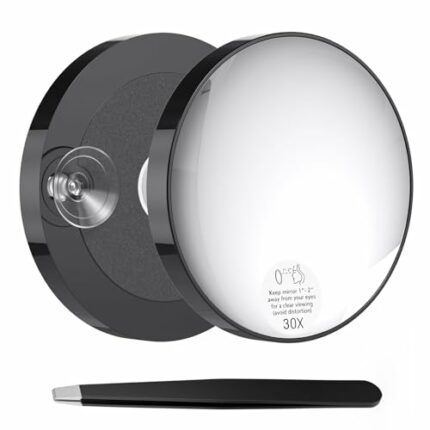 ONLYQIQIU 30X Magnifying Mirror,3.5 Inches Travel Magnifying Mirror with Suction Cup and Tweezers, Black Portable Magnifier Makeup Mirror for Tra