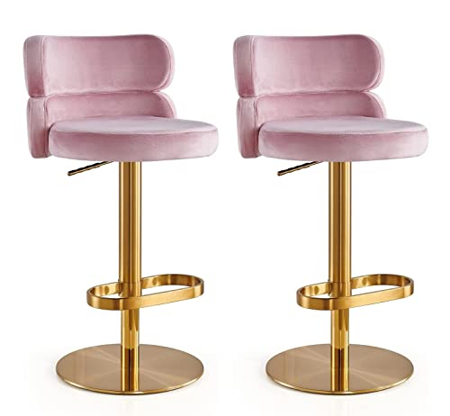 Pink Velvet Swivel Barstools Set of 2 Counter Bar Chair Adjustable High Bar Stools with Backs Armless Kitchen Island Hight Stainless Steel Titani