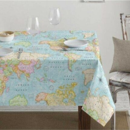 Teflon Waterproof World Map Tablecloth PU Coated Outdoor Fabric for Cushion Gazebo Tables Beach - 140cm Wide - Blue (Sold by METRE)