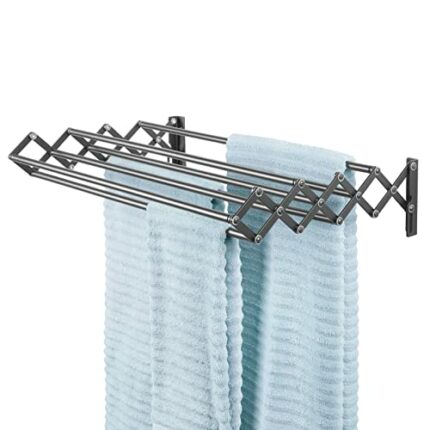 mDesign Clothes Horse – Clothes Drying Rack with 8 Rungs for Hanging Clothes – Wall-Mounted Clotheshorse with Extendable Properties – Graphite Gr
