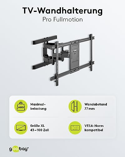 Goobay 49746 TV Wall Mount Pro FULLMOTION (XL) 43" to 100" (109-254 cm), Fully Movable, Swivel/Tilt, 60 kg, Vesa Standard, Black