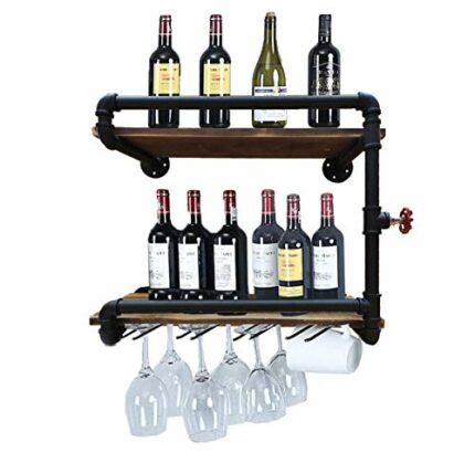 Industrial Wall Mounted Wine Racks with 4 Stem Glass Holder,24in Rustic Metal Hanging Wine Holder Glass Rack,2-Tiers Floating Bar Shelves Bottle